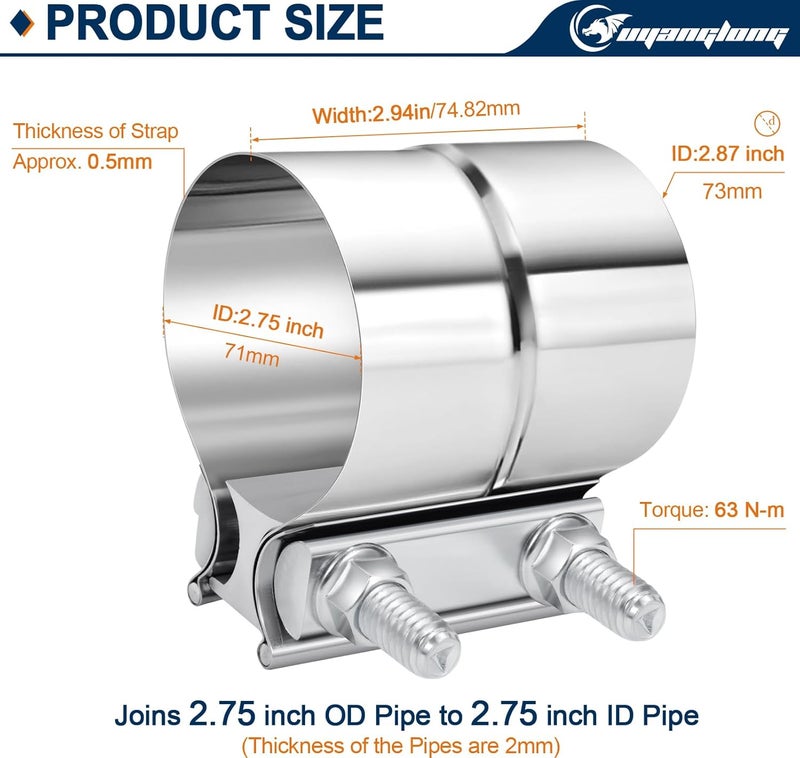 ouyanglong 2.75 Inch Exhaust Clamp, 2 3/4'' Lap Joint Band Clamp 304 Stainless Steel for Pipes,Mufflers,Catalytic Converters - 2 Pack - Image 2